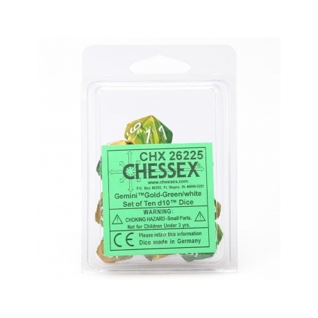 Chessex Gemini Polyhedral Ten d10 Sets - Gold-Green w/white