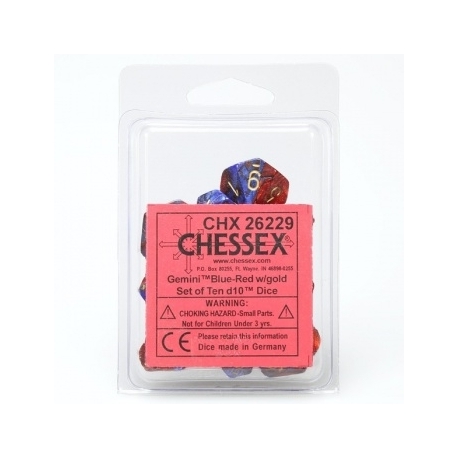 Chessex Gemini Polyhedral Ten d10 Sets - Blue-Red w/gold