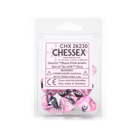 Juegos Chessex Gemini Poliédrico Ten d10 - Negro-Rosa con blanco