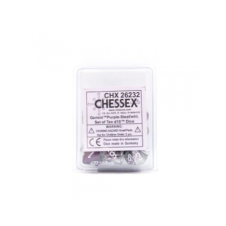 Juegos Chessex Gemini Poliédrico Ten d10 - Púrpura-Acero con blanco