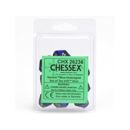 Chessex Gemini Polyhedral Ten d10 Sets - Blue-Green w/gold