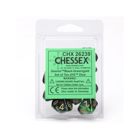 Juegos Chessex Gemini Poliédrico Ten d10 - Negro-Verde con oro