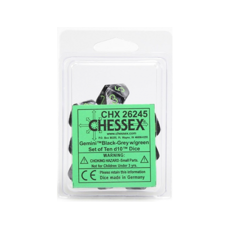 Chessex Gemini Polyhedral Ten d10 Sets - Black-Grey w/green