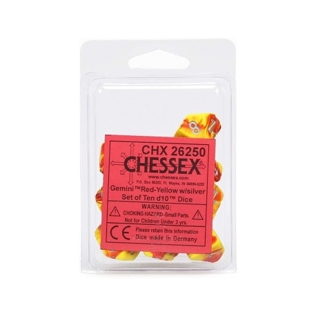 Chessex Gemini Polyhedral Ten d10 Sets - Red-Yellow w/silver