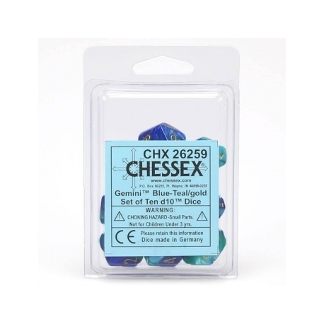 Chessex Gemini Polyhedral Ten d10 Sets - Blue-Teal w/gold