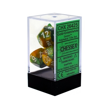 Chessex Gemini Poliédrico 7-Die Set - Oro-Verde con blanco