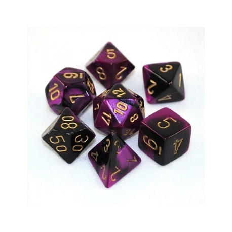 BLACK AND PURPLE W/GOLD POLYHEDRAL 7-DIE GEMINI DICE SET CHESSEX DICE 