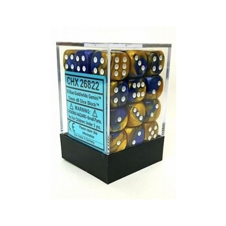 Chessex Gemini 12mm d6 Dice Blocks with pips Dice Blocks (36 Dice) - Blue-Gold w/white