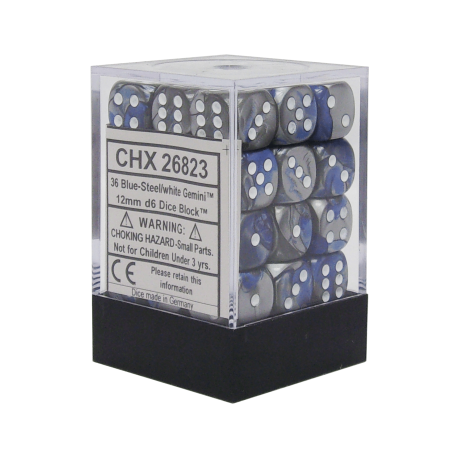 Chessex Gemini 12mm d6 Dice Blocks with pips Dice Blocks (36 Dice) - Blue-Steel w/white