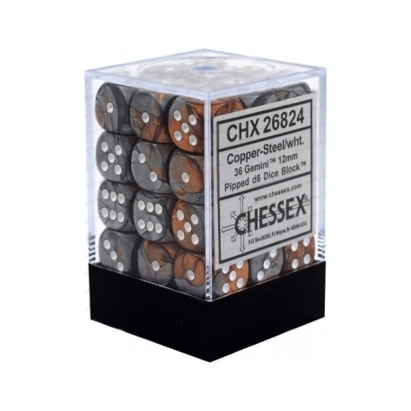 Chessex Gemini 12mm d6 Dice Blocks with pips Dice Blocks (36 Dice) - Copper-Steel w/white