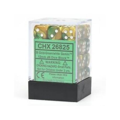 Chessex Gemini 12mm d6 Dice Blocks with pips Dice Blocks (36 Dice) - Gold-Green w/white
