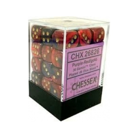 Chessex Gemini 12mm d6 Dice Blocks with pips Dice Blocks (36 Dice) - Purple-Red w/gold