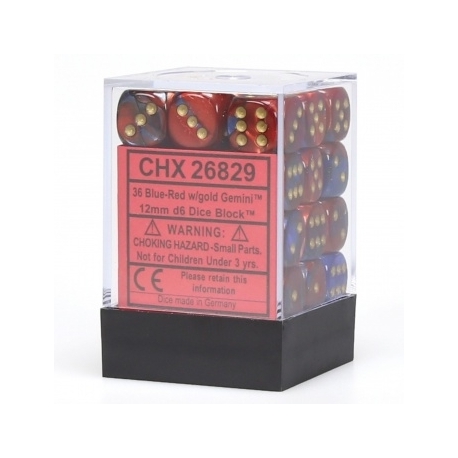 Chessex Gemini 12mm d6 Dice Blocks with pips Dice Blocks (36 Dice) - Blue-Red w/gold