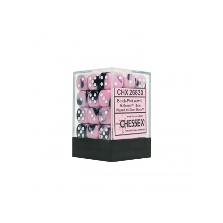 Chessex Gemini 12mm d6 Dice Blocks with pips Dice Blocks (36 Dice) - Black-Pink w/white