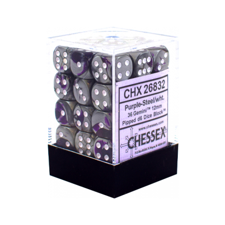 Chessex Gemini 12mm d6 Dice Blocks with pips Dice Blocks (36 Dice) - Purple-Steel w/white