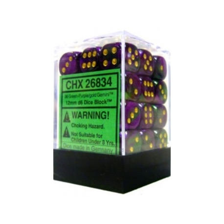 Chessex Gemini 12mm d6 Dice Blocks with pips Dice Blocks (36 Dice) - Green-Purple w/gold