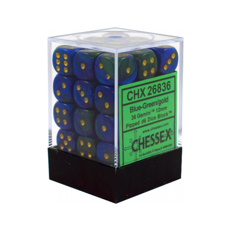 Chessex Gemini 12mm d6 Dice Blocks with pips Dice Blocks (36 Dice) - Blue-Green w/gold