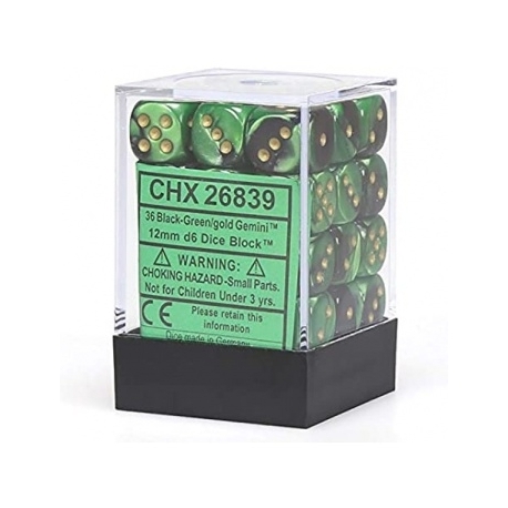 Chessex Gemini 12mm d6 Dice Blocks with pips Dice Blocks (36 Dice) - Black-Green w/gold