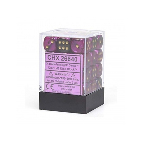 Chessex Gemini 12mm d6 Dice Blocks with pips Dice Blocks (36 Dice) - Black-Purple w/gold