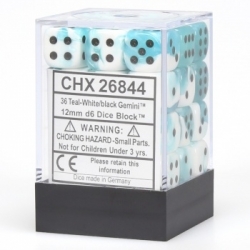 Chessex Gemini 12mm d6 Dice Blocks with pips Dice Blocks (36 Dice) - White-Teal w/black