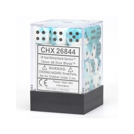Chessex Gemini 12mm d6 Dice Blocks with pips Dice Blocks (36 Dice) - White-Teal w/black