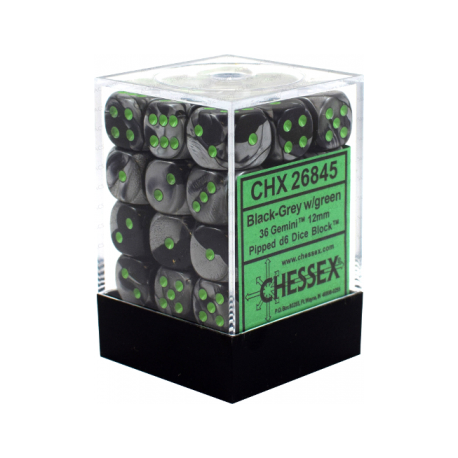 Chessex Gemini 12mm d6 Dice Blocks with pips Dice Blocks (36 Dice) - Black-Grey w/green