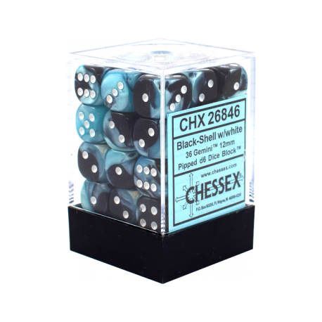 Chessex Gemini 12mm d6 Dice Blocks with pips Dice Blocks (36 Dice) - Black-Shell w/white