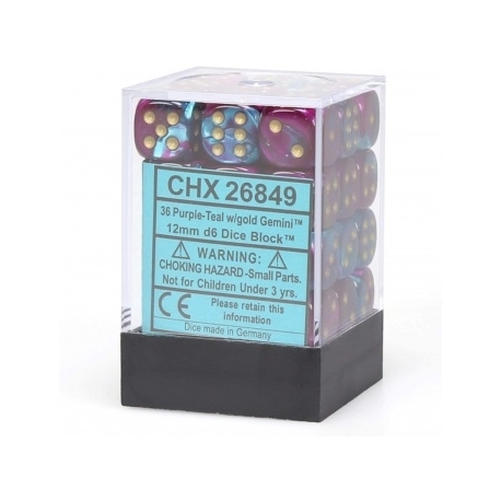 Chessex Gemini 12mm d6 Dice Blocks with pips Dice Blocks (36 Dice) - Purple-Teal w/gold