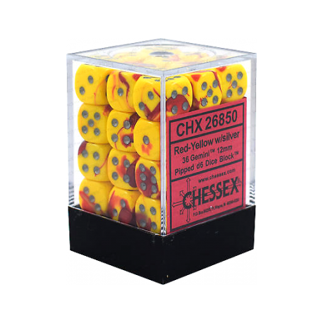 Chessex Gemini 12mm d6 Dice Blocks with pips Dice Blocks (36 Dice) - Red-Yellow w/silver