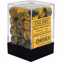 Chessex Gemini 12mm d6 Dice Blocks with pips Dice Blocks (36 Dice) - Black-Gold w/silver