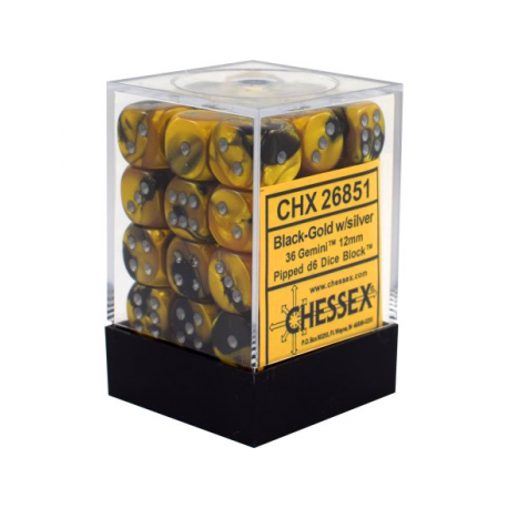Chessex Gemini 12mm d6 Dice Blocks with pips Dice Blocks (36 Dice) - Black-Gold w/silver