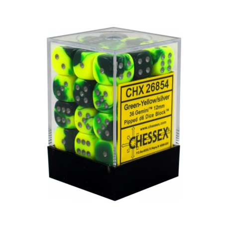 Chessex Gemini 12mm d6 Dice Blocks with pips Dice Blocks (36 Dice) - Green-Yellow w/silver