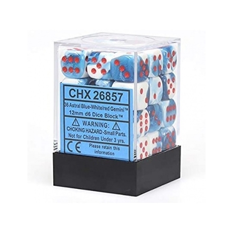 Chessex Gemini 12mm d6 Dice Blocks with pips Dice Blocks (36 Dice) - Astral Blue-White w/red