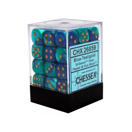 Chessex Gemini 12mm d6 Dice Blocks with pips Dice Blocks (36 Dice) - Blue-Teal w/gold
