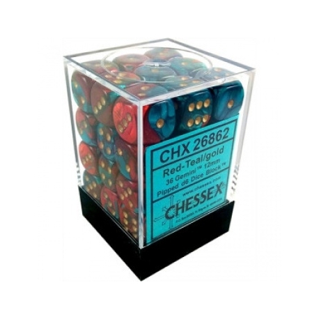Chessex Gemini 12mm d6 Dice Blocks with pips Dice Blocks (36 Dice) - Red-Teal with gold