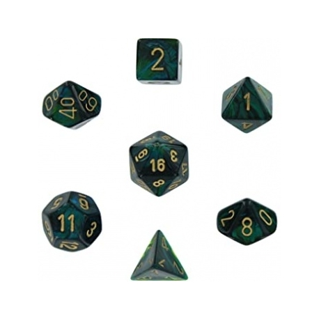 CHESSEX SCARAB DICE 7 DIE SET JADE WITH GOLD D20 D12.. 