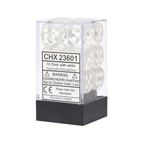 Chessex Translucent 16mm d6 with pips Dice Blocks (12 Dice) - Clear w/white