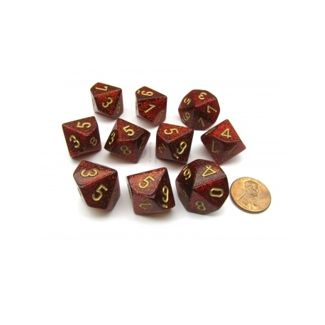 Chessex Ten D10 Sets - Glitter Polyhedral Ruby/gold