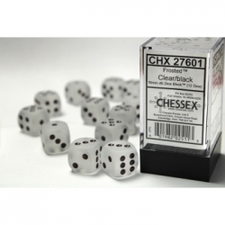 Chessex 16mm d6 with pips Dice Blocks (12 Dice) - Frosted Clear w/black