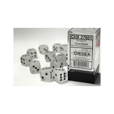 Chessex 16mm d6 with pips Dice Blocks (12 Dice) - Frosted Clear w/black