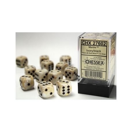 Chessex 16mm d6 with pips Dice Blocks (12 Dice) - Marble Ivory w/black