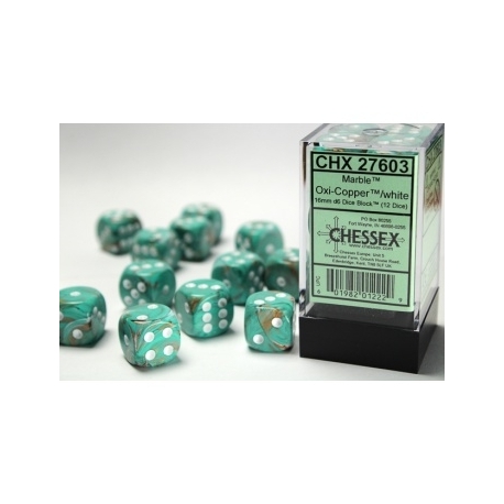 Chessex 16mm d6 with pips Dice Blocks (12 Dice) - Marble OxiCopper/white