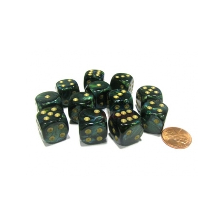 Chessex 16mm d6 with pips Dice Blocks (12 Dice) - Scarab Jade w/gold