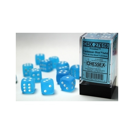 Chessex 16mm d6 with pips Dice Blocks (12 Dice) - Frosted Caribbean Blue w/white