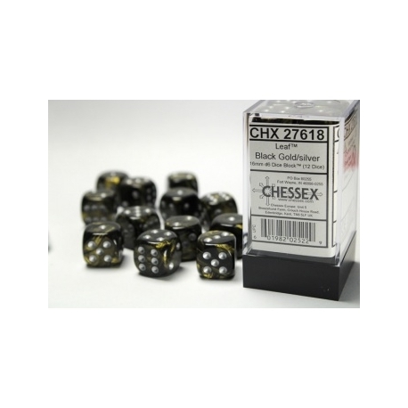 Chessex 16mm d6 with pips Dice Blocks (12 Dice) - Leaf Black Gold w/silver