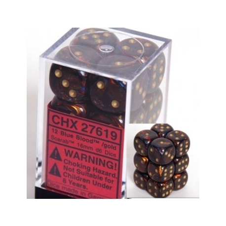 Chessex 16mm d6 with pips Dice Blocks (12 Dice) - Scarab Blue Blood w/gold