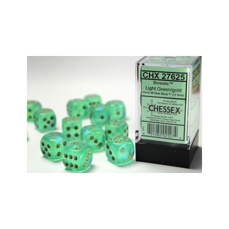 Chessex 16mm d6 with pips Dice Blocks (12 Dice) - Borealis Light Green w/gold