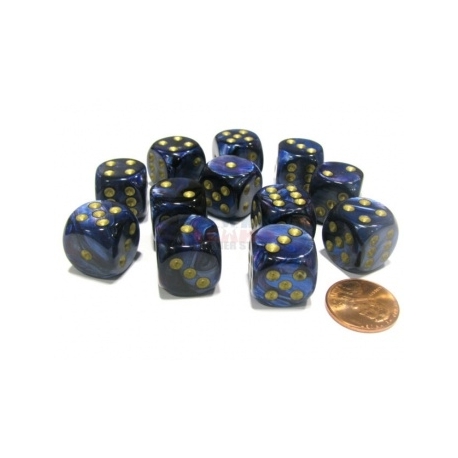 Chessex 16mm d6 with pips Dice Blocks (12 Dice) - Scarab Royal Blue w/gold