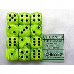 Chessex 16mm d6 with pips Dice Blocks (12 Dice) - Vortex Bright Green w/black