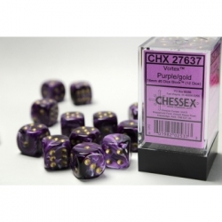 Chessex 16mm d6 with pips Dice Blocks (12 Dice) - Vortex Purple w/gold